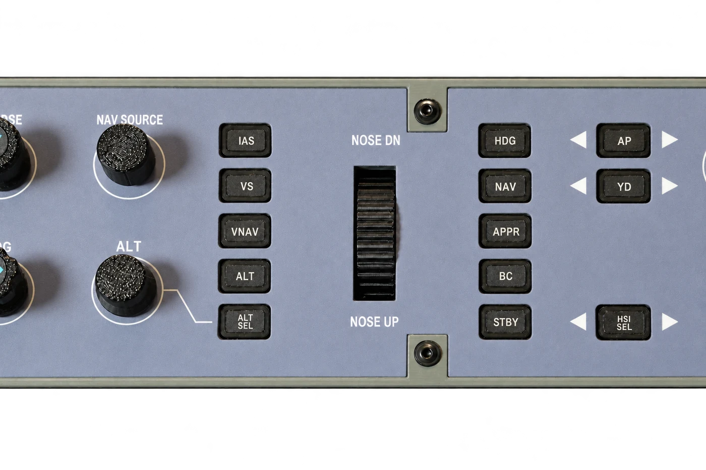 Close-up of unlit mode buttons, altitude knob and pitch wheel