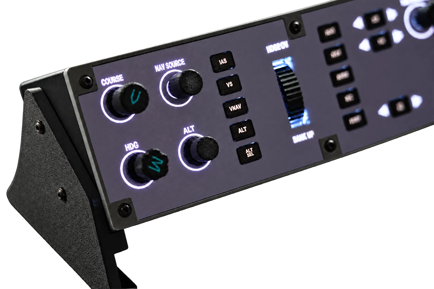 Close-up of the backlit labels and illuminated rings around the knobs